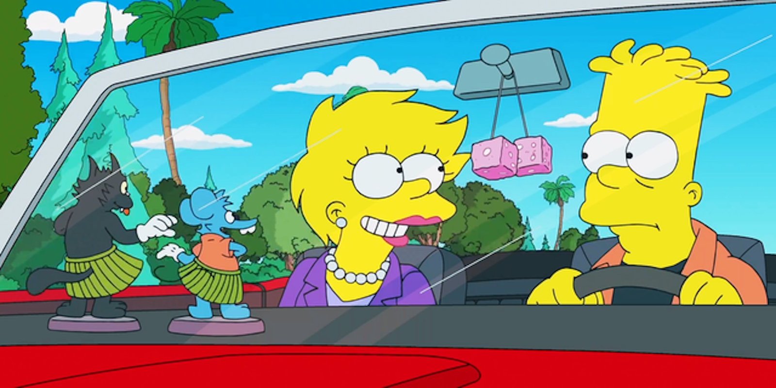 An older Lisa smiles at a bemused older Bart as he drives a Camaro in The Simpsons season 36 finale