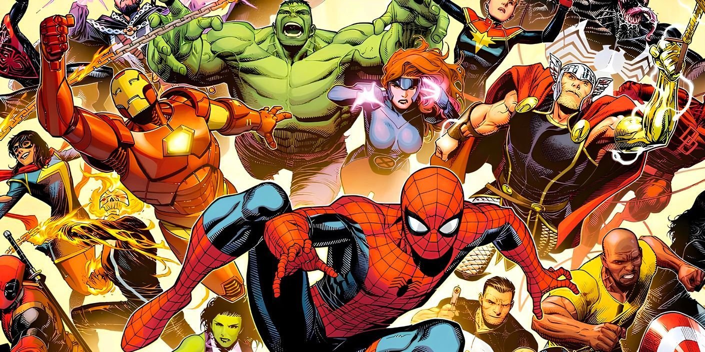 Comic book art: Marvel Universe wide shot of superheroes including various heroes from the Avengers and the X-Men