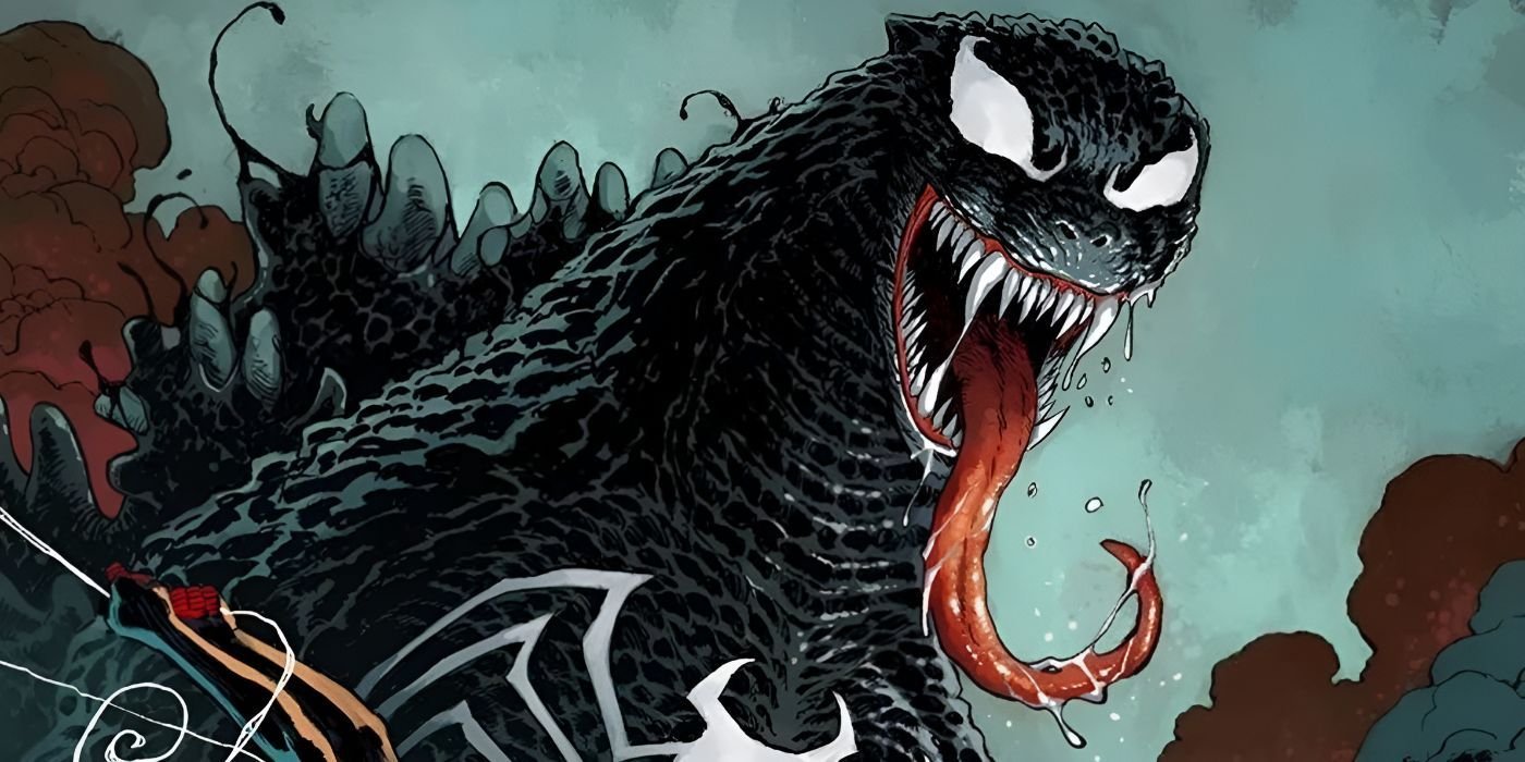 Venomized Godzilla extends its tongue.