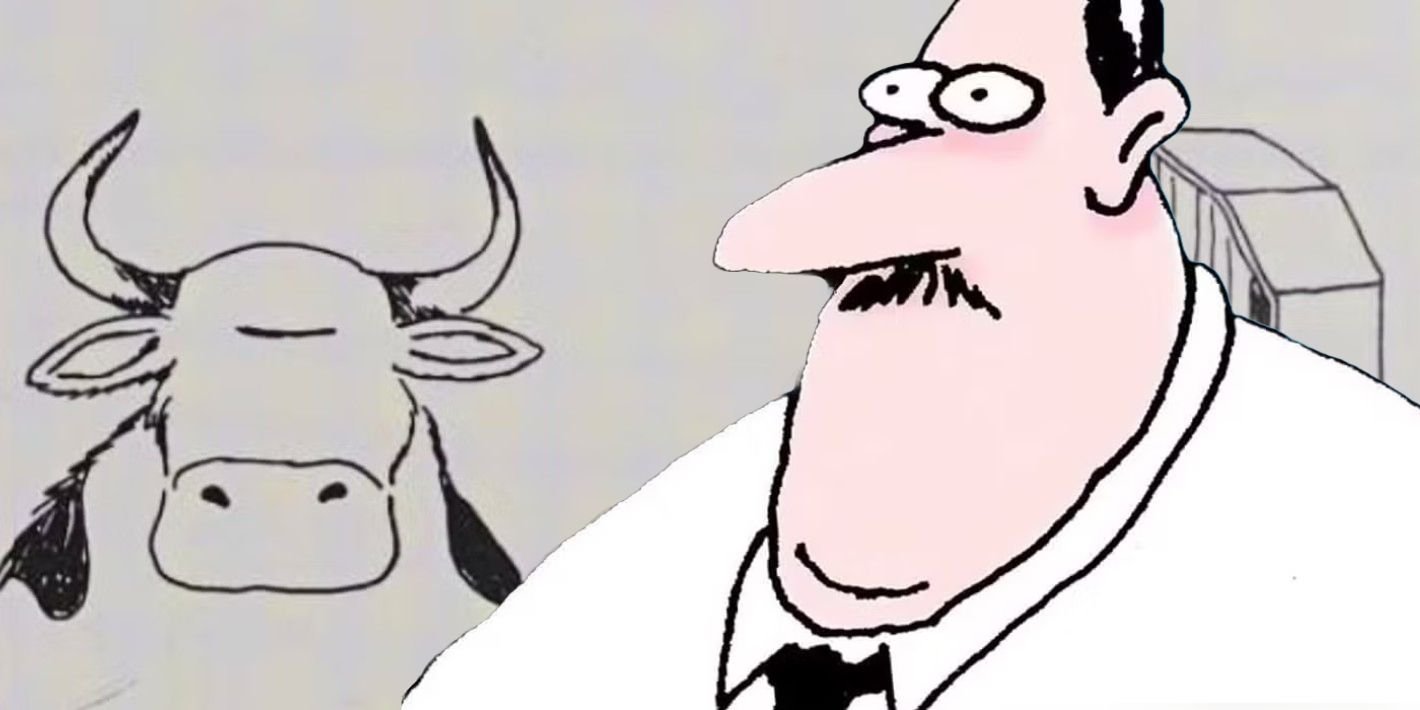 10 Early Far Side Comics That Will Leave You Howling With Laughter 5 Far Side man looking concerned (foreground, color) with a cow & barn in the background.