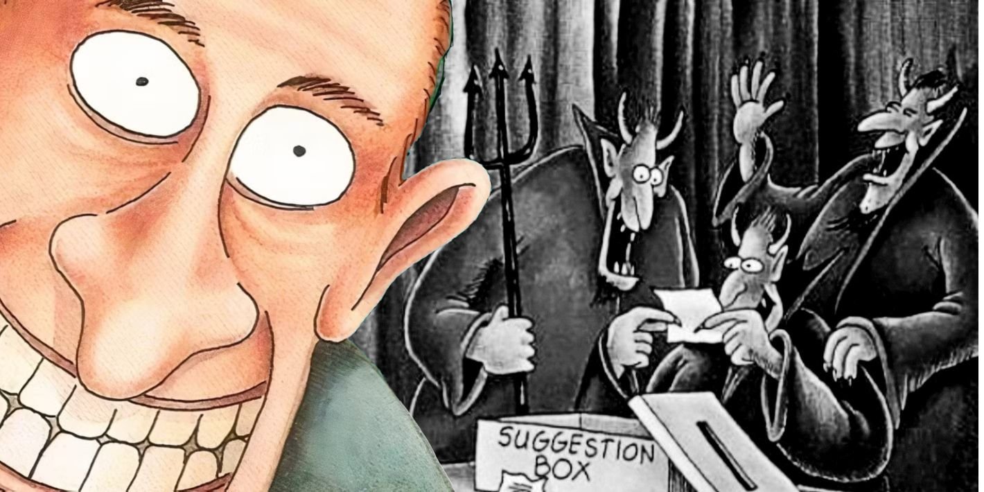 Far Side wide-eyed man (left) and devils laughing at hell's suggestion box (right)
