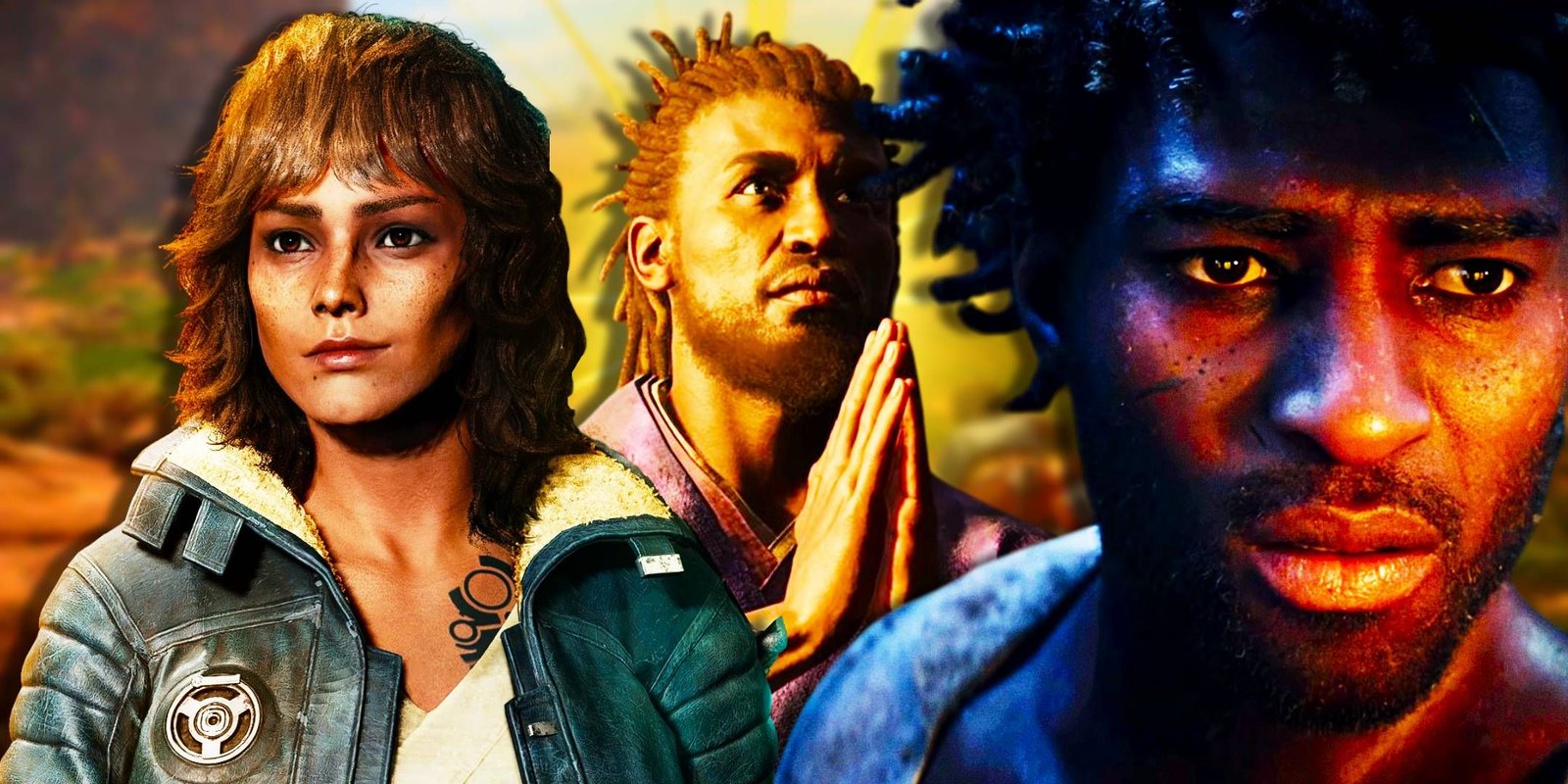 10 Open-World Games So Good They Should Jumpstart Their Own Series 2 Kay Vess from Star Wars Outlaws next to Yasuke praying in Assassin's Creed Shadows and a Skull and Bones character.