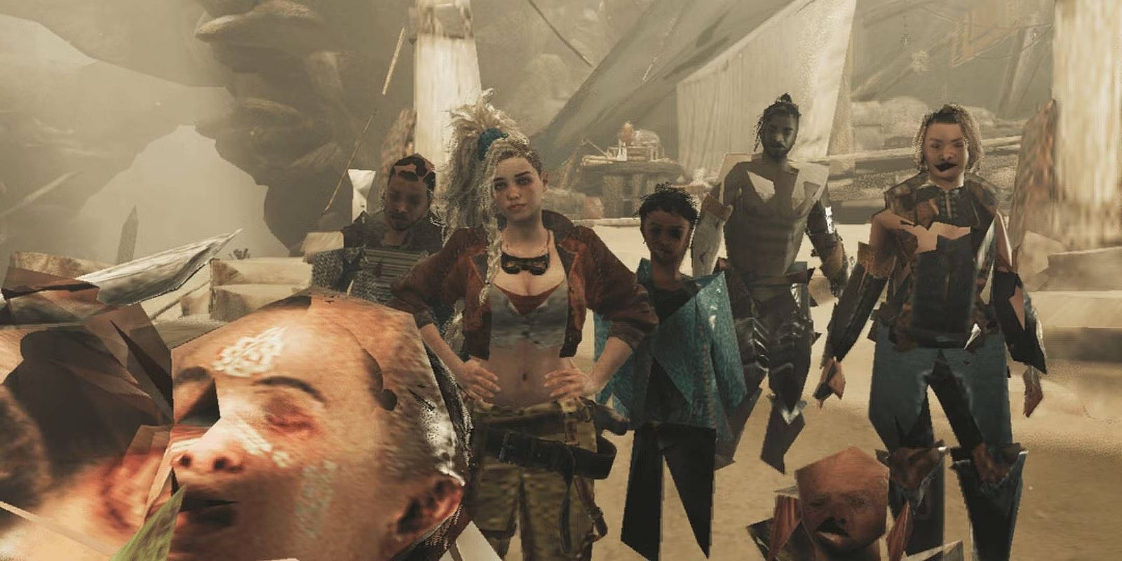 A group of glitched NPCs in Monster Hunter Wilds.