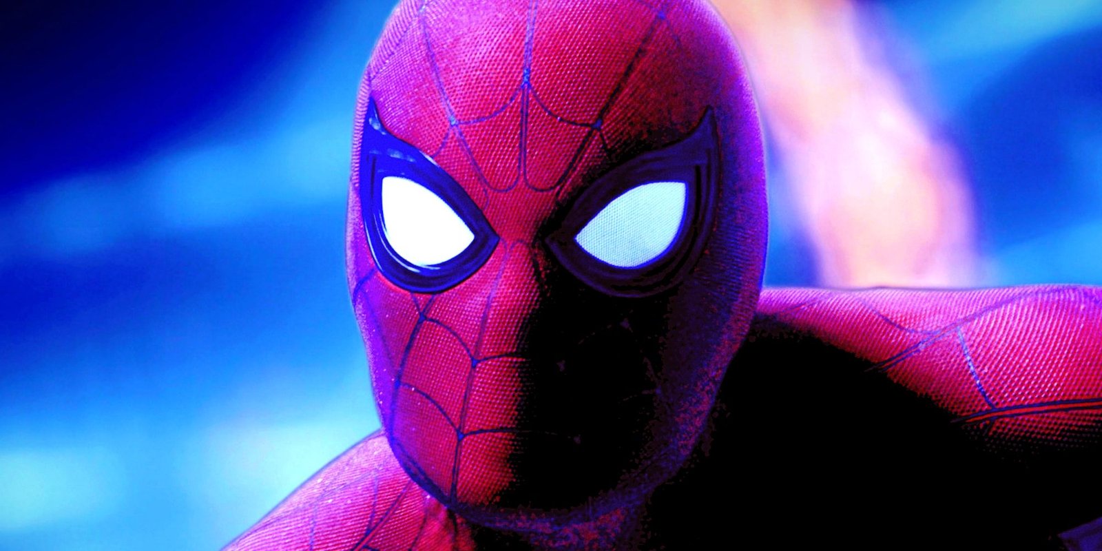 Tom Holland's Spider-Man looks at the camera in front of a bright blue background in Spider-Man No Way Home