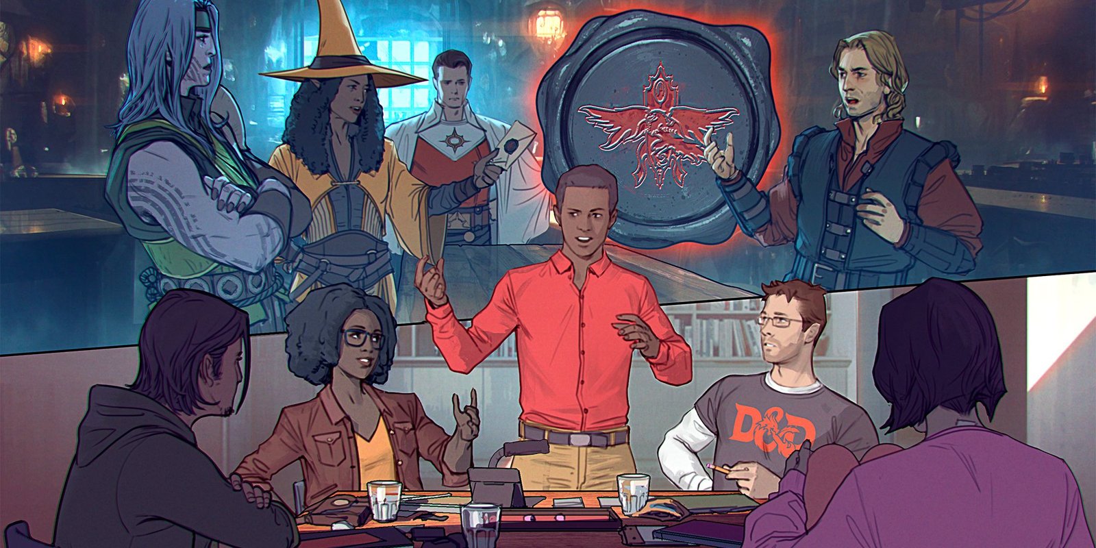 A D&D table playing the game with an image of their characters interacting as well.
