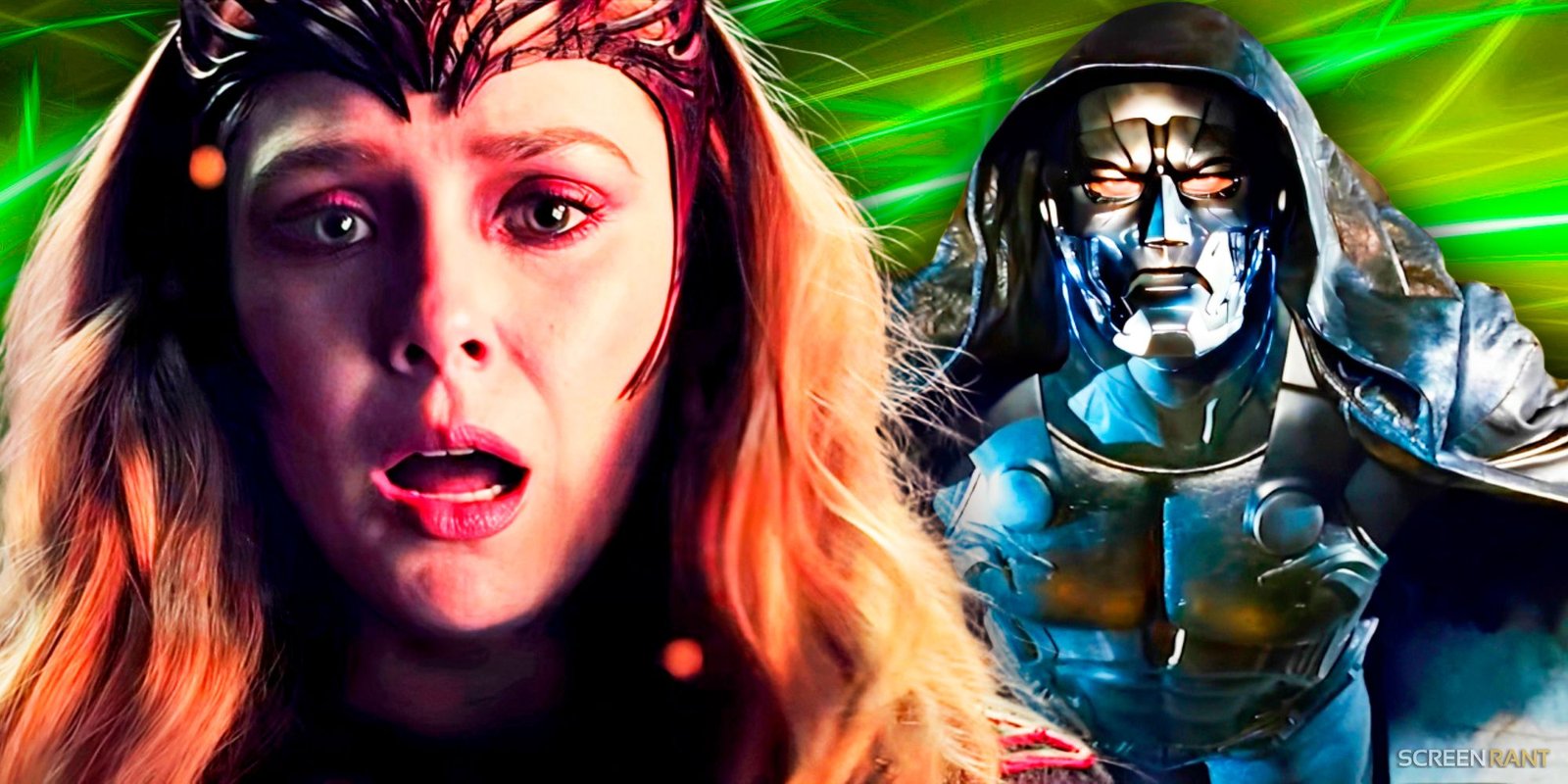 Olsen’s Scarlet Witch looking surprised and Doctor Doom from 2005’s Fantastic Four