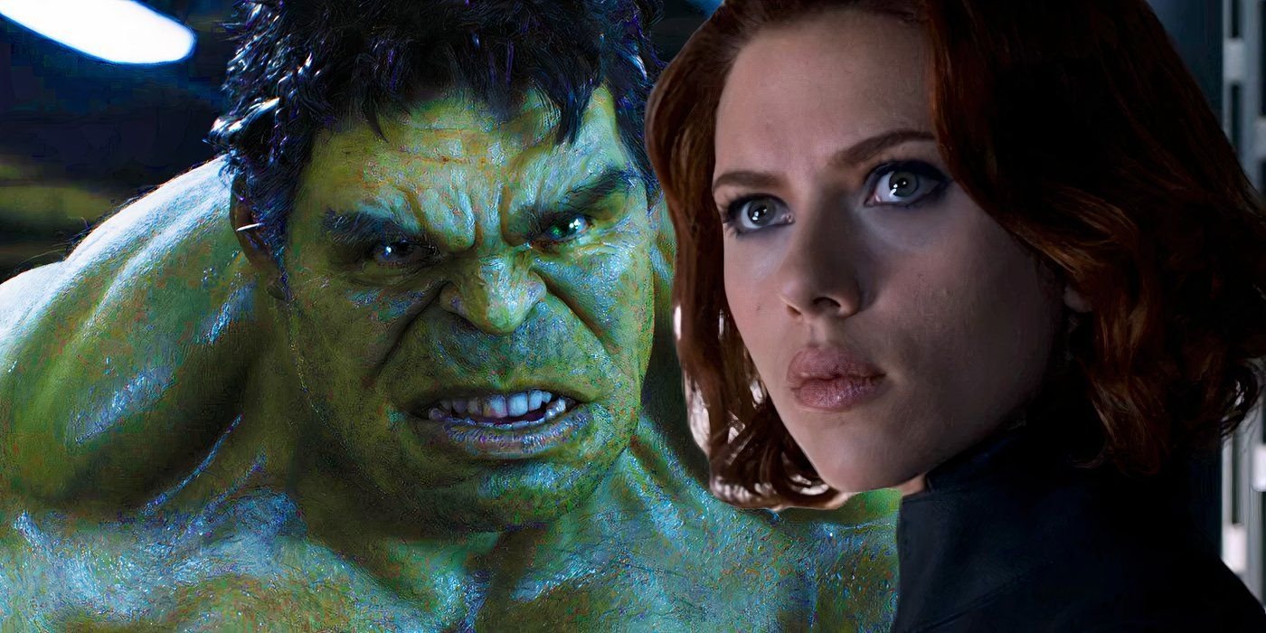 Split image of Hulk looking angry at Black widow in the avengers