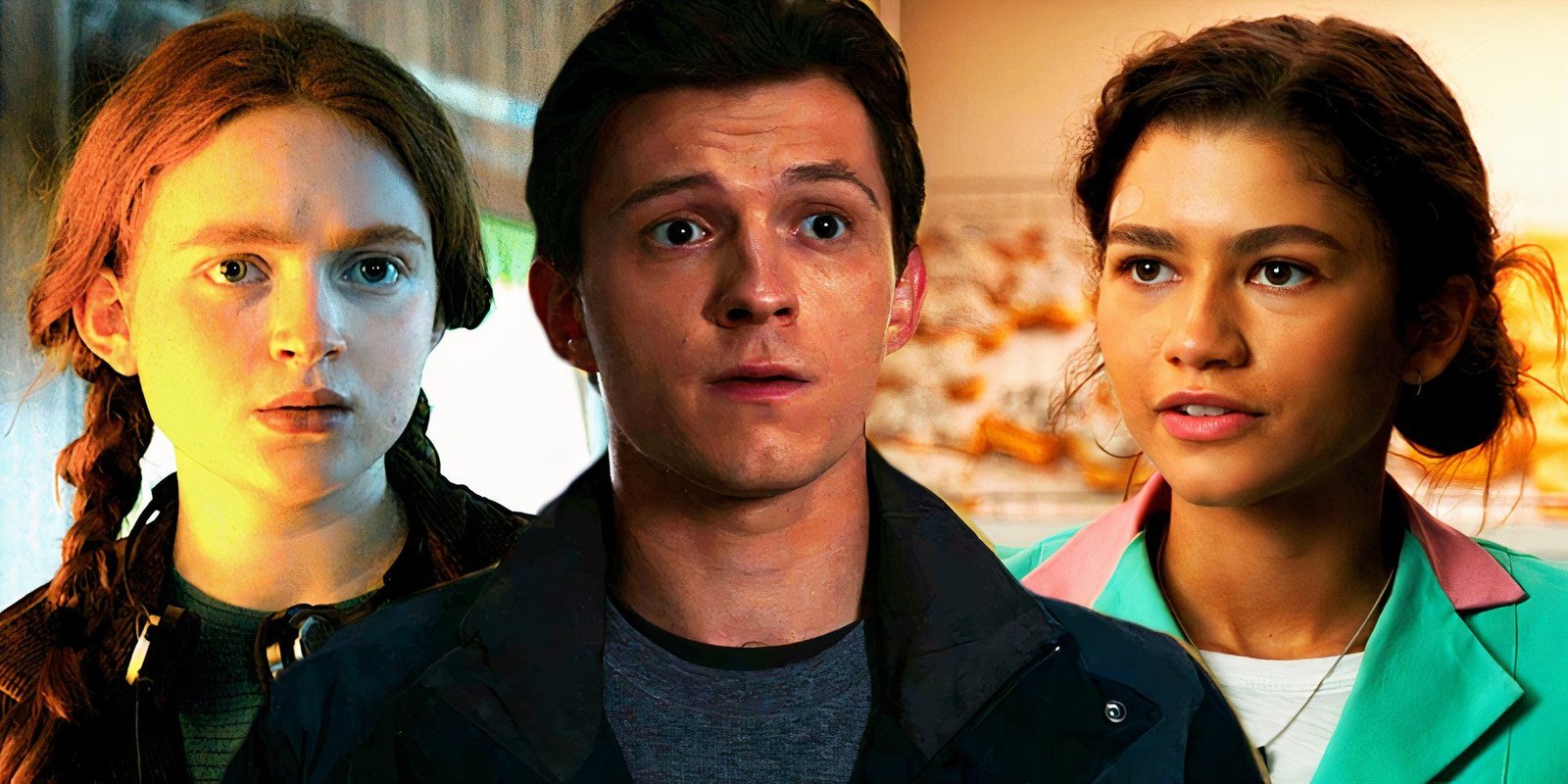 Sadie Sink looks confused as Max in Stranger Things, Tom Holland as Peter Parker in his new apartment, and Zendaya as MJ in a coffee shop in Spider-Man: No Way Home