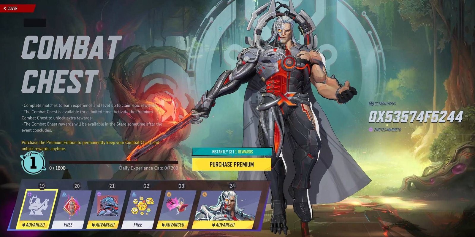 Marvel Rivals Combat Chest reward page with Binary Sword Magneto legendary skin and collection Level