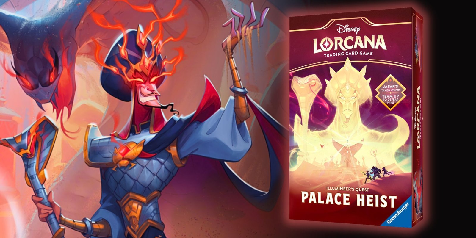 Disney Lorcana Reveals First Look At New Frozen-Inspired Gift Set & Fabled Accessories 3 Jafar with glowing red eyes next to the box for Disney Lorcana Illumineers Quest Palace Heist