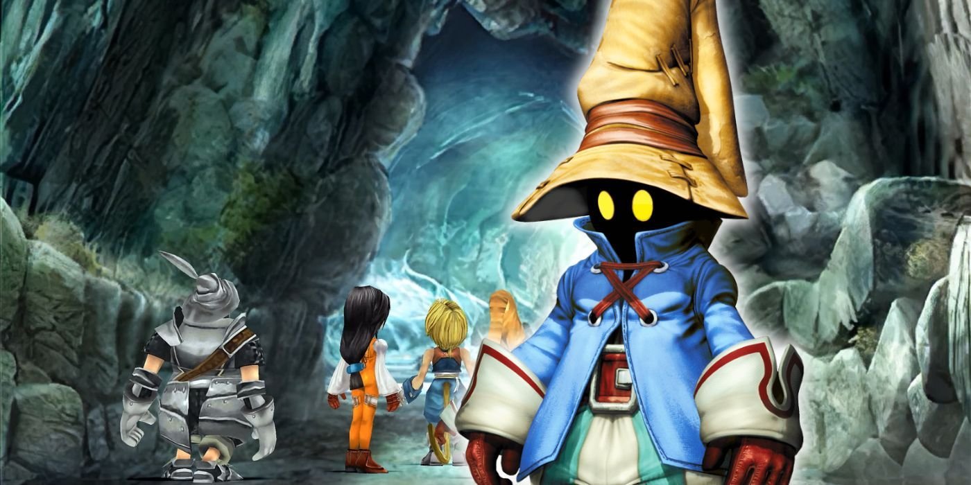 Vivi overlaid onto an image of the Final Fantasy 9 party adventuring in a cave