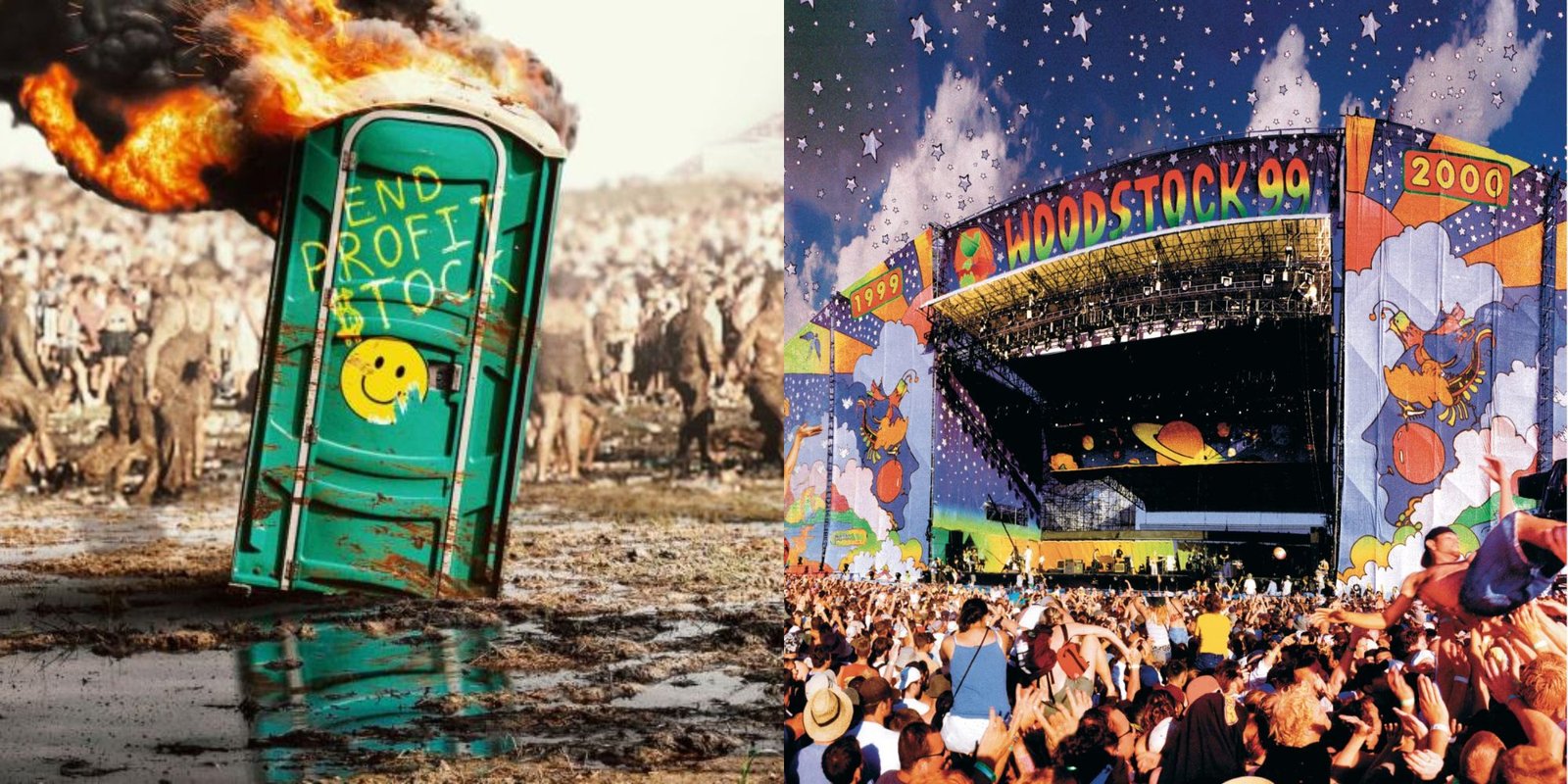 The Shocking True Story Behind Netflix's Mayor Of Mayhem Revealed 4 Split image showing the Woodstock 99 poster and the event's crowd.