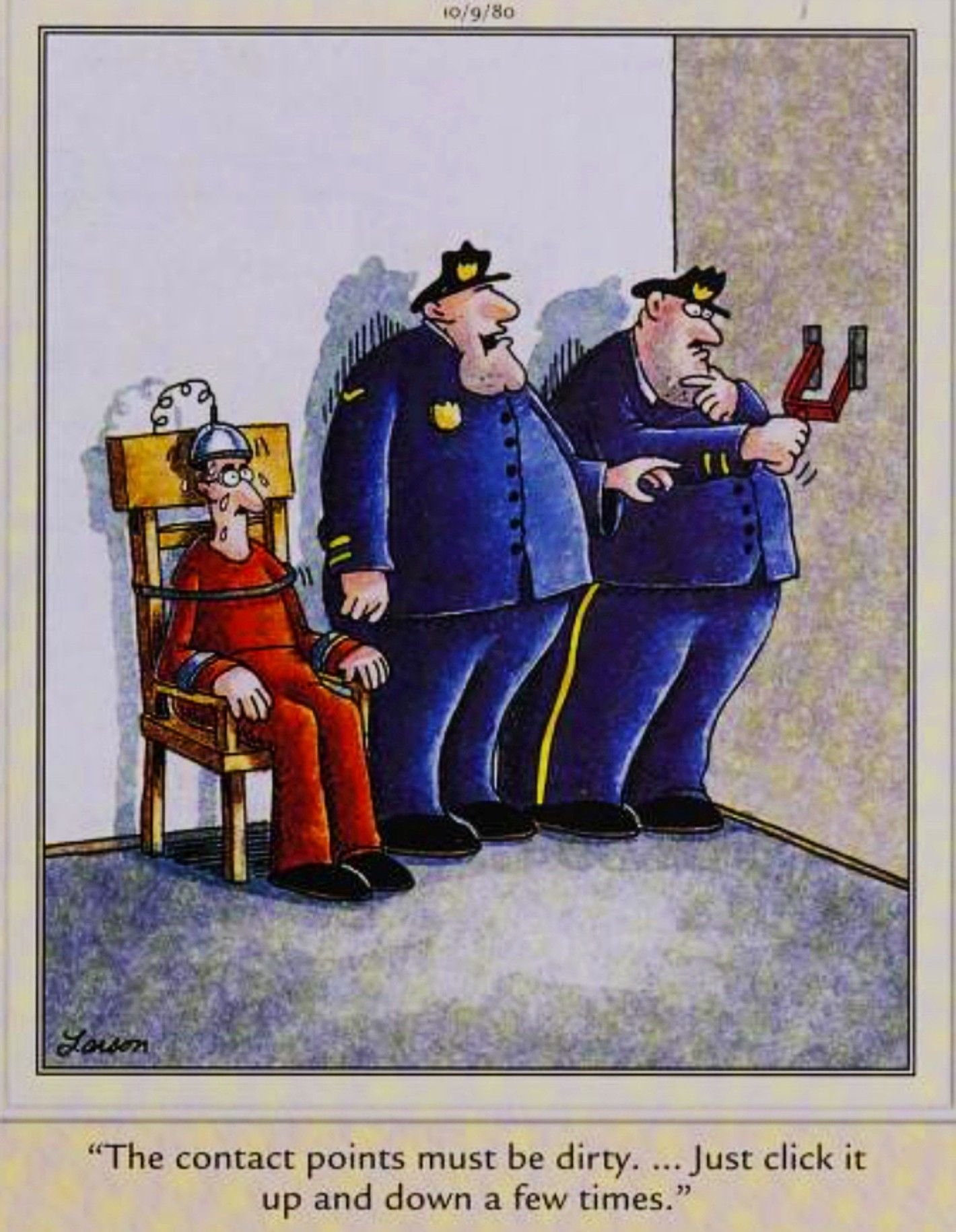 Far Side, October 9, 1980, a man nervously awaits execution in the electric chair