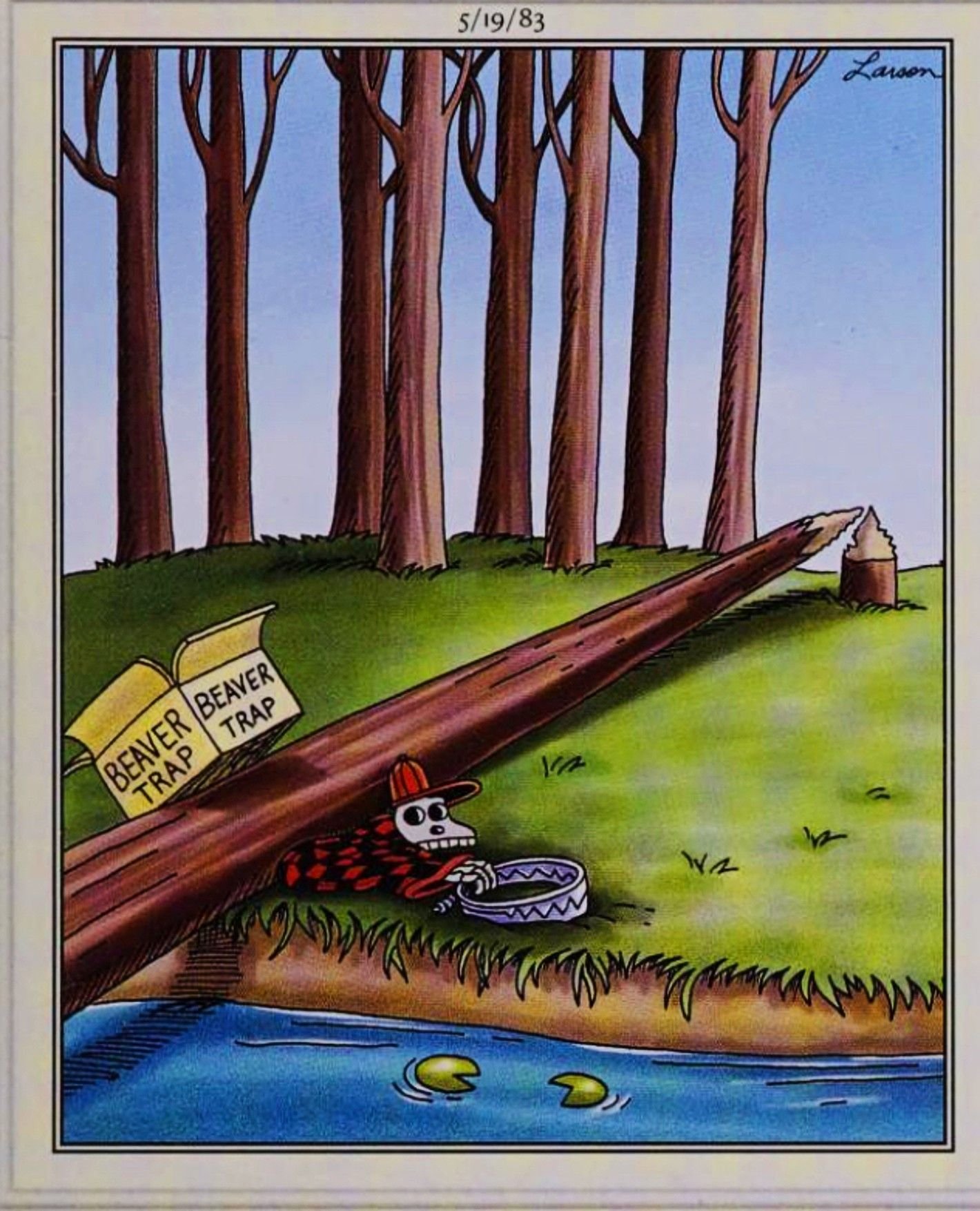 Far Side, May 19, 1983, a skeleton with its hand caught in a beaver trap
