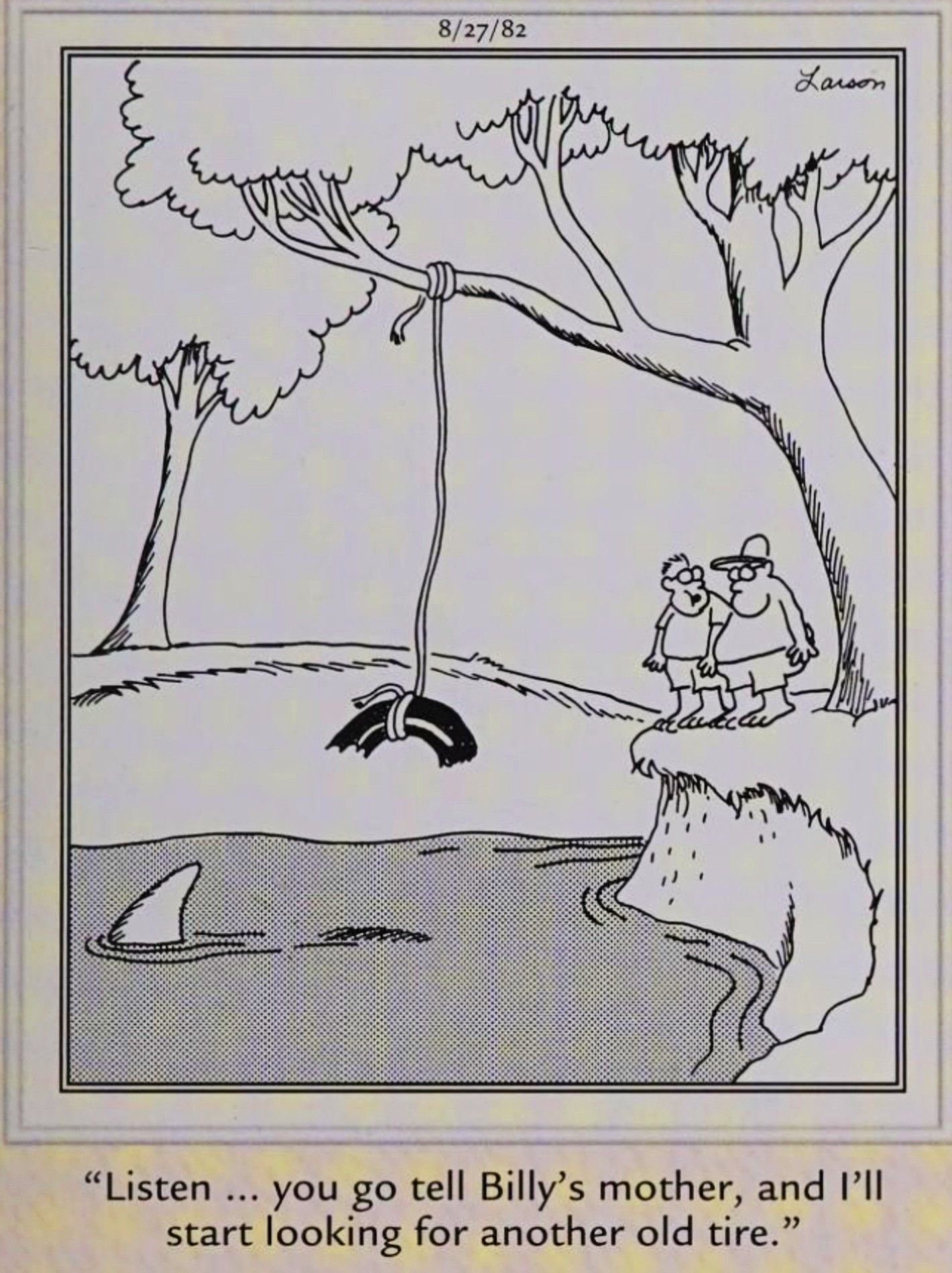 Far Side, August 27, 1982, a shark eats a boy off a tire swing above a lake