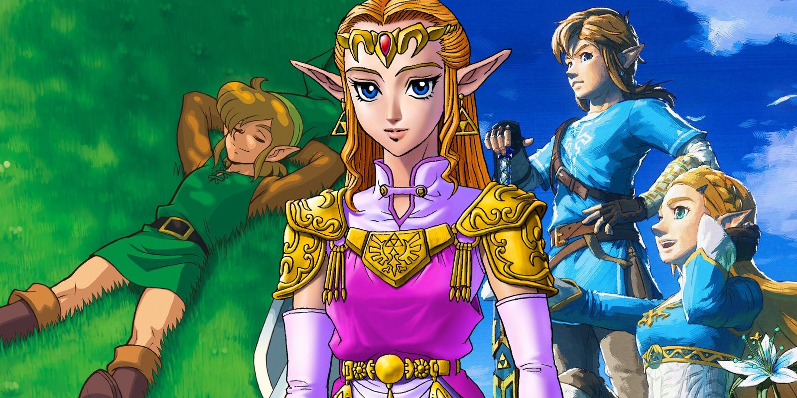 Princess Zelda from Ocarina of Time centered. On the left is Link from A Link to the Past lying on grass under a tree. On the right are Link and Zelda from Breath of the Wild.