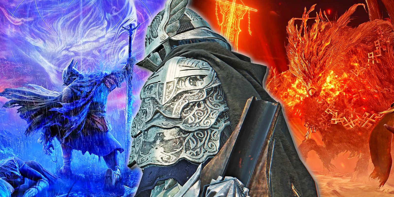 Elden Ring Nightreign's Wylder is superimposed over another Wylder and a fiery wolf boss.