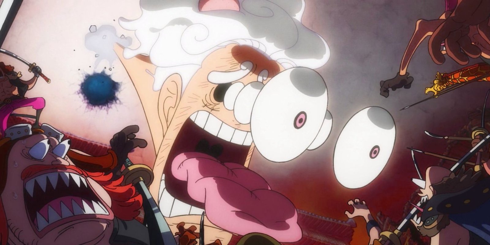 Screenshot from One Piece anime episode 1072 shows Luffy's giant Gear 5th head exploding through a large ceiling in front of Kaido's goons. Everyone's face (including Luffy) is so shocked that their eyes are popping out of their heads.
