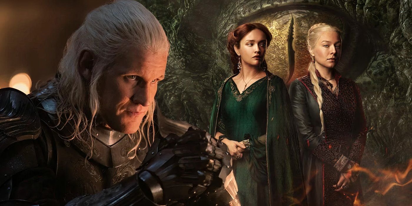 Prime Video's New Psychological Thriller Trailer Reveals House Of The Dragon Star's Exciting Follow-Up Show 3 A composite image of Matt Smith in full armor looking devious in front of Emma D'Arcy and Olvia Cooke standing back to back in front of a Dragon's eye in House of the Dragon