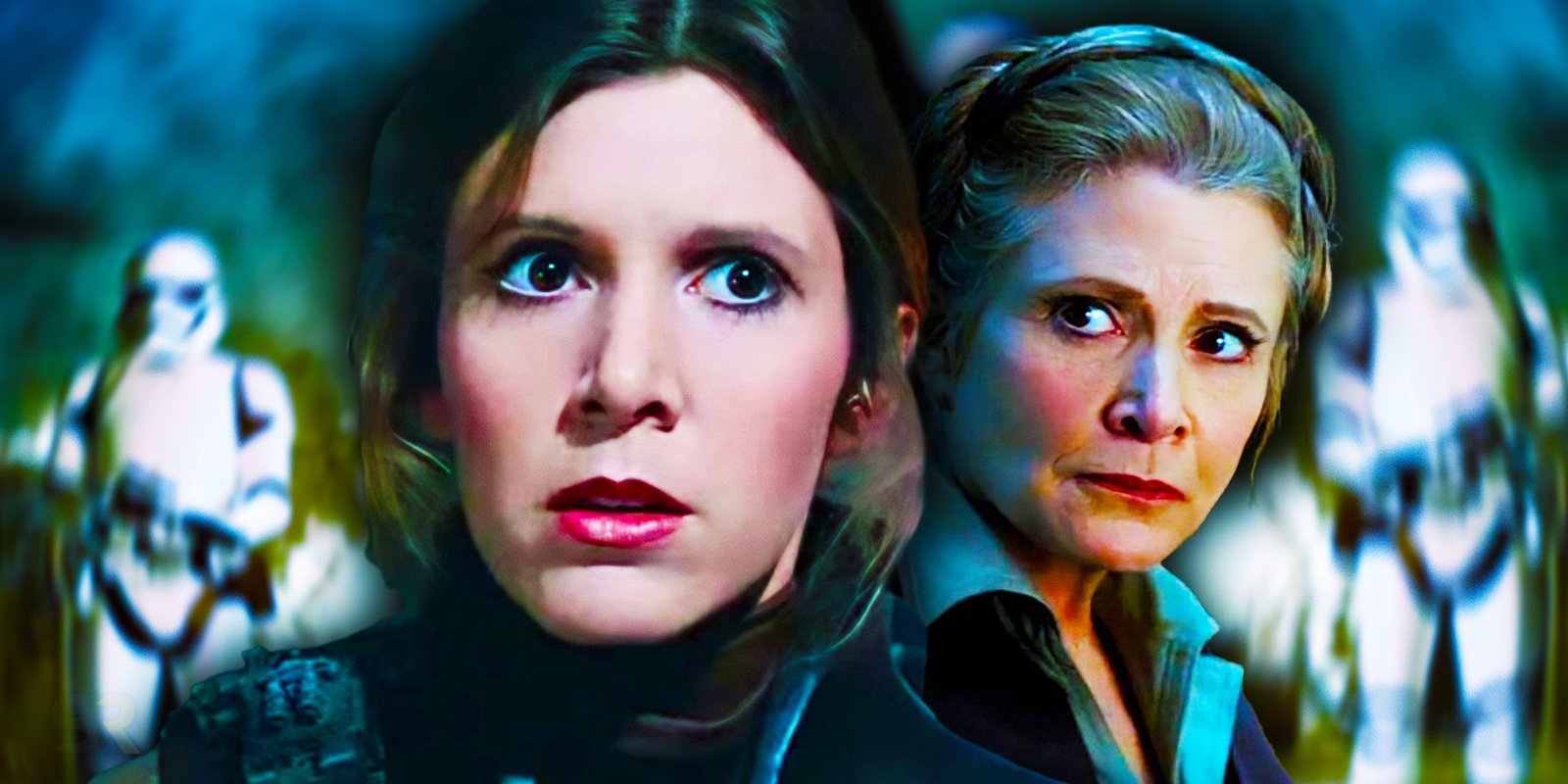Carrie Fisher as Leia Organa in Return of the Jedi to the left and The Force Awakens to the right in front of a blurry image of stormtroopers