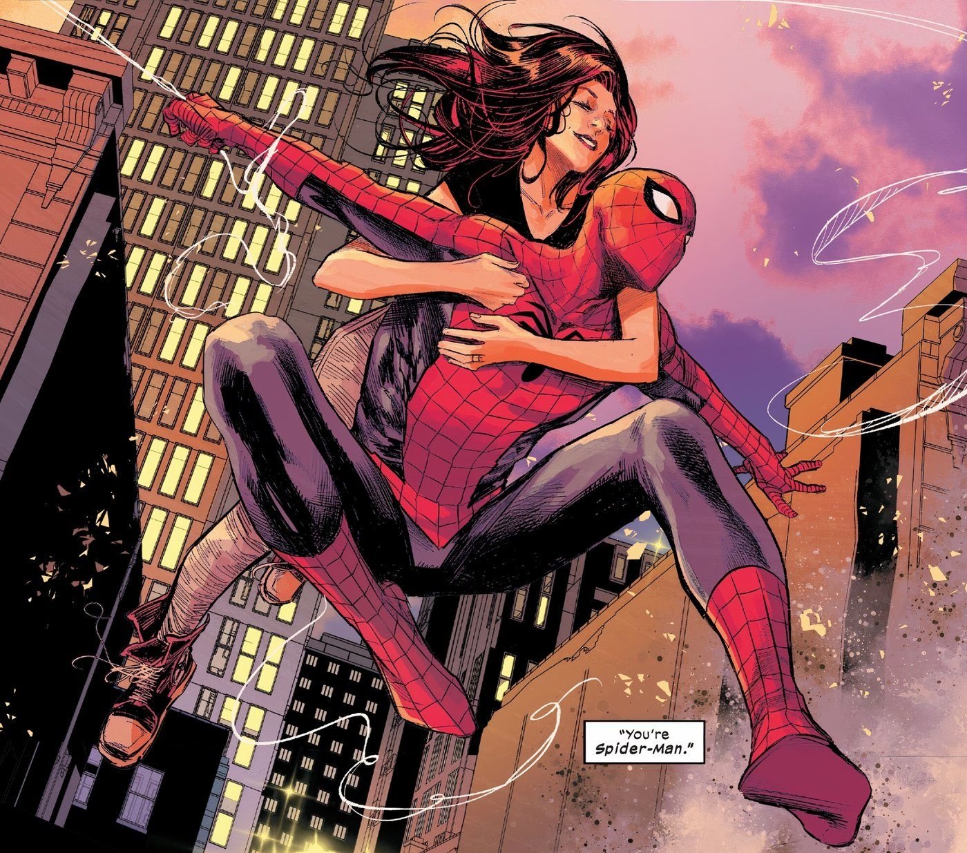Comic book art: Ultimate Spider-Man swinging in costume with his wife Mary Jane clinging to his back.