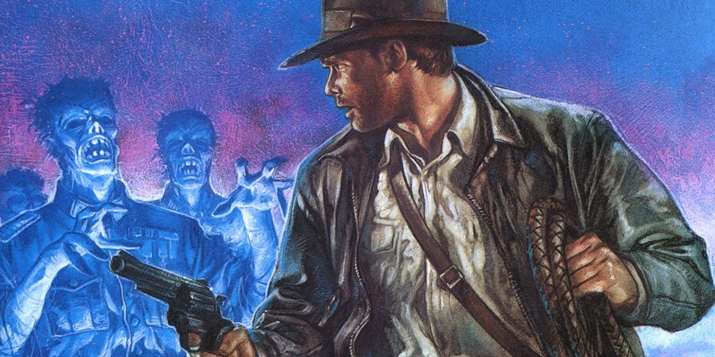 Indiana Jones stands in front of zombies