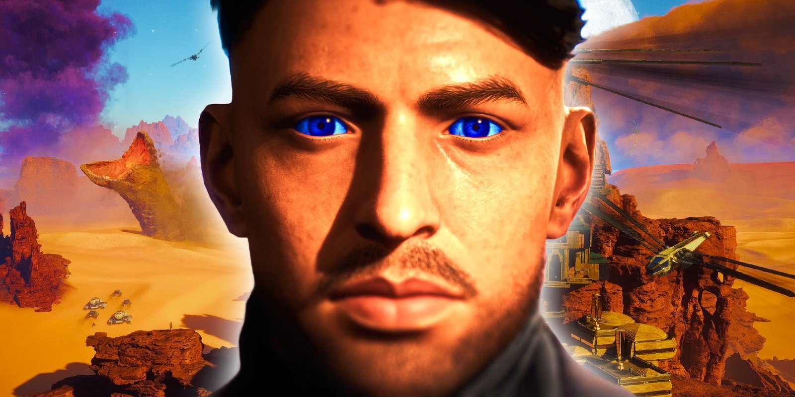 A character from Dune: Awakening with blue spice eyes in front of Arrakis.