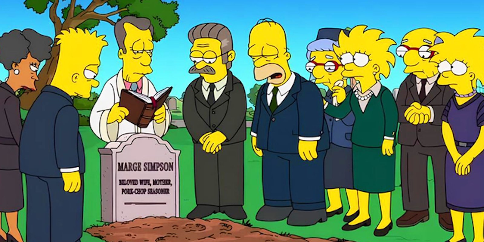 Mourners including Homer Bart Lisa Maggie and Ned surround Marge's grave crying in The Simpsons