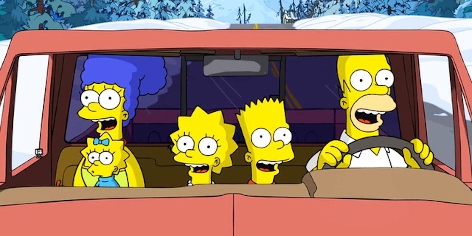 The Simpson family sing in their car on a snowy road from The Simpsons Movie