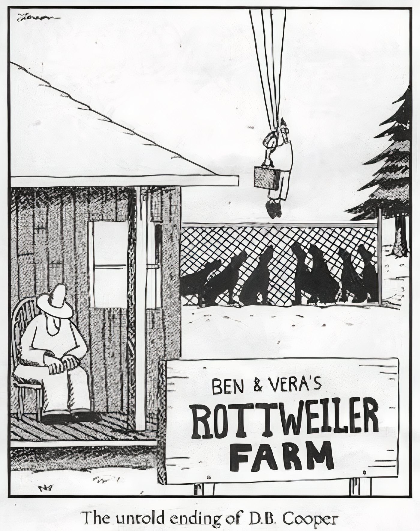D.B. Cooper getting torn apart by dogs in The Far Side.