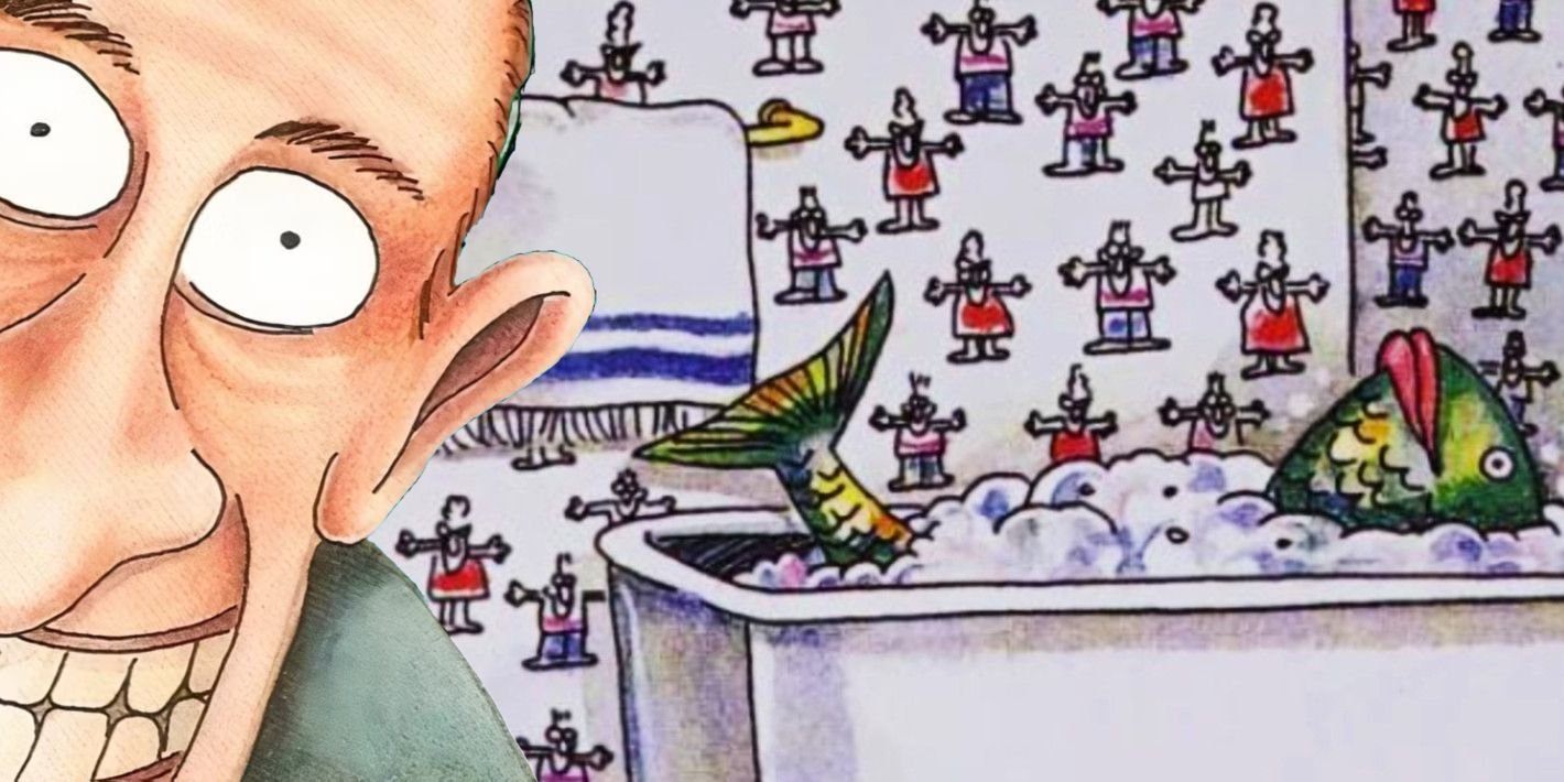 Far Side wide-eyed man (foreground) and a fish in a bubble bath (background)
