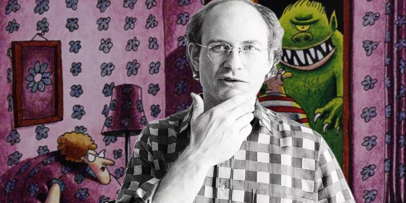 Gary Larson (foreground, b/w) with a Far Side comic in the background featuring a green monster in a purple room.