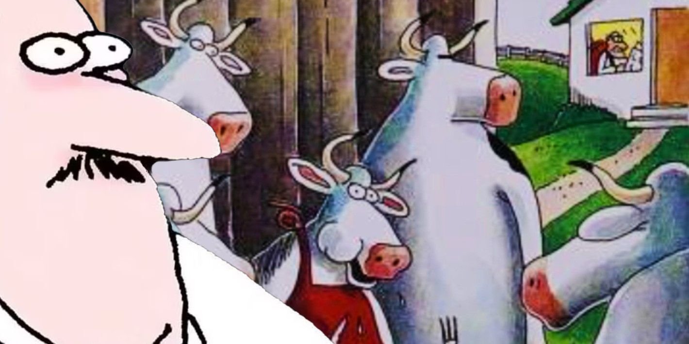 Far Side, wide-eyed man (foreground) with cows in the background.