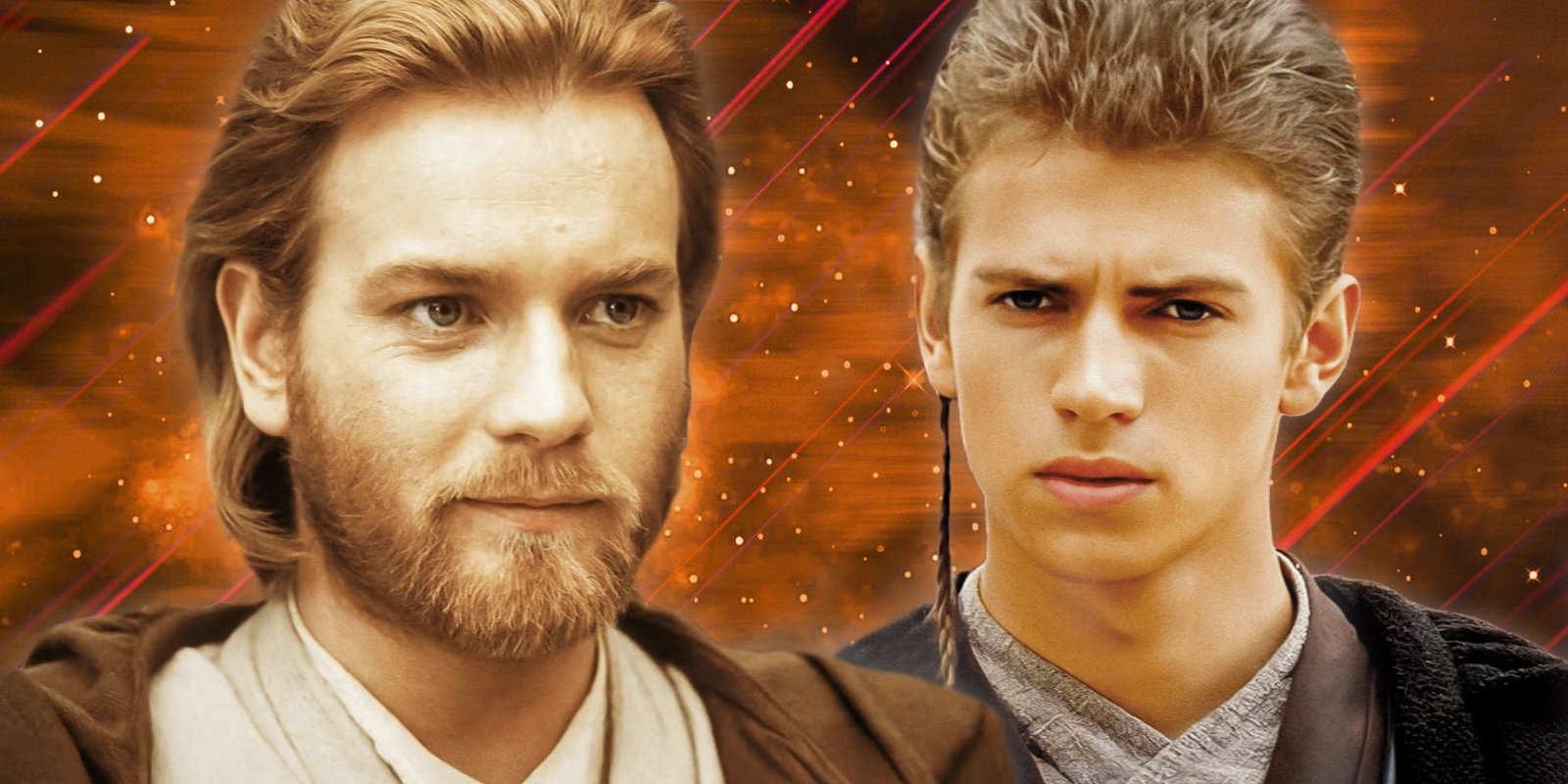 Obi-Wan and Anakin's Jedi Bond Cracked WAY Before Order 66 Came Around 4 Obi-Wan Kenobi in Attack of the Clones to the left and Anakin Skywalker in Attack of the Clones to the right in front of an image of stars