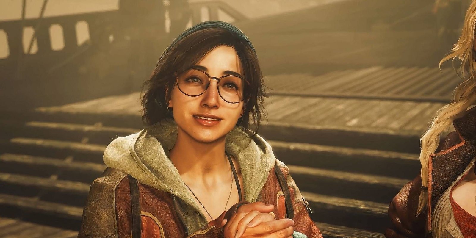 Alma smiling at the player while on a boat in Monster Hunter Wilds.