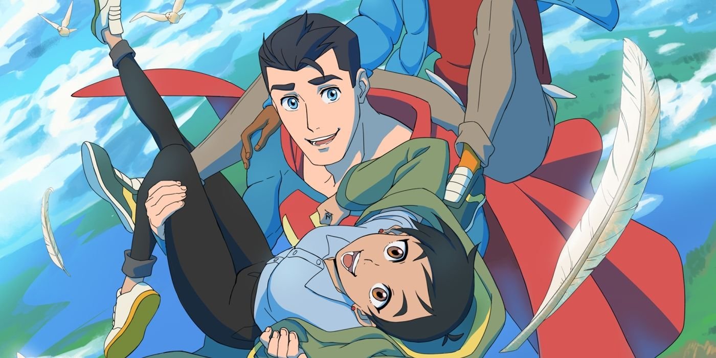 My Adventures with Superman moment showing Clark flying and carrying Lois