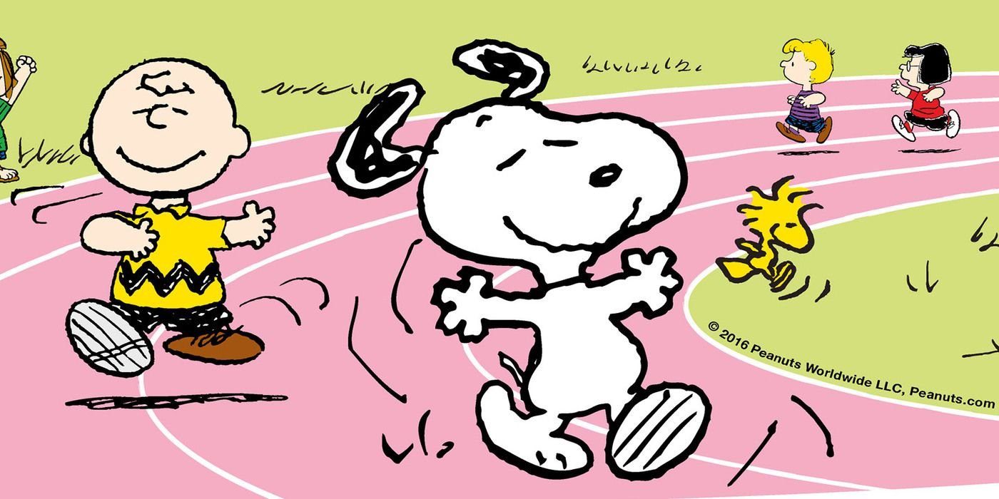 Peanuts jogging on a track.