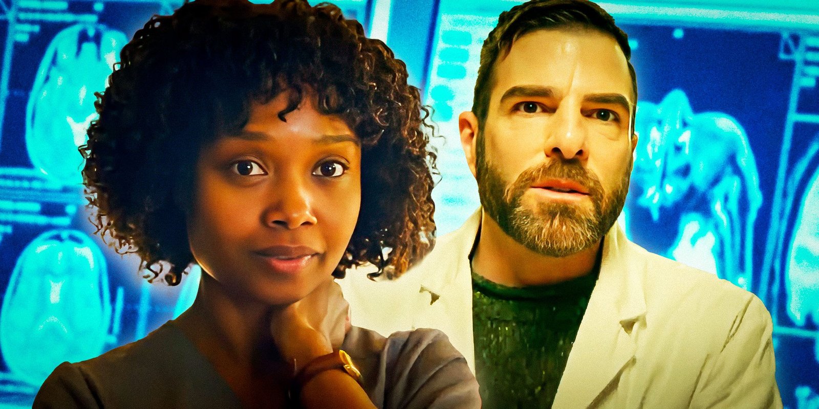 A composite image of Pierce with her hand on her shoulder in front of Dr. Wolf looking dramatic in front of x-ray images from Brilliant Minds