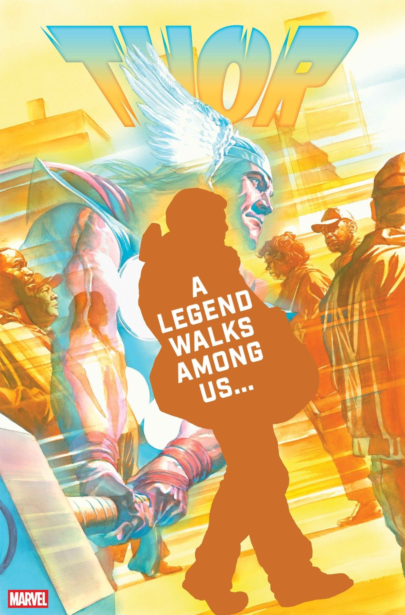 Thor #1 cover, silhouette of a figure with the text 'a legend walks among us..." 