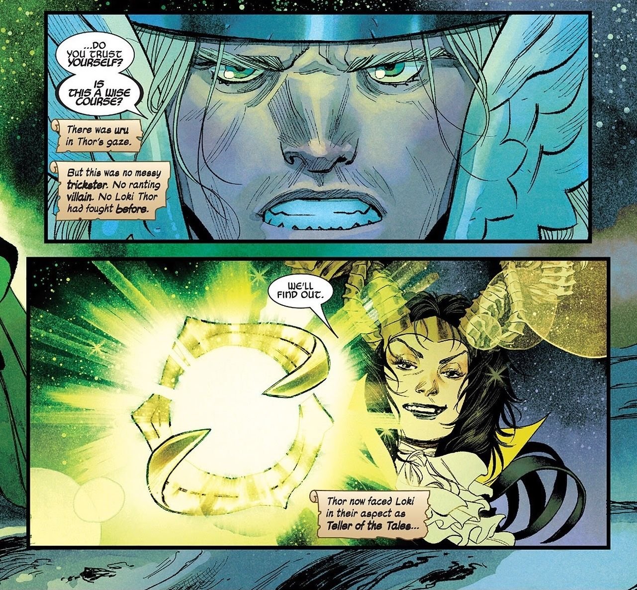 panels from Immortal Thor #2, Thor questions Loki