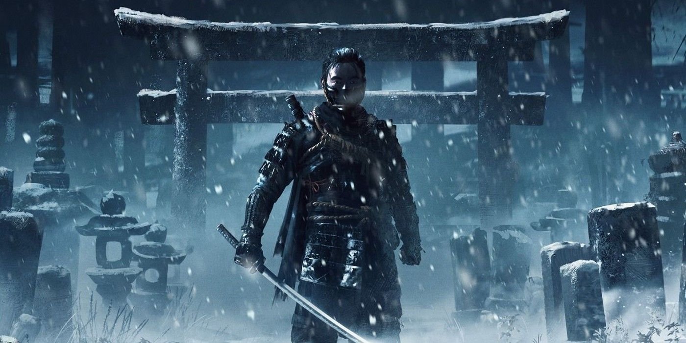 Jin standing with a katana in his Ghost armor in Ghost of Tsushima.