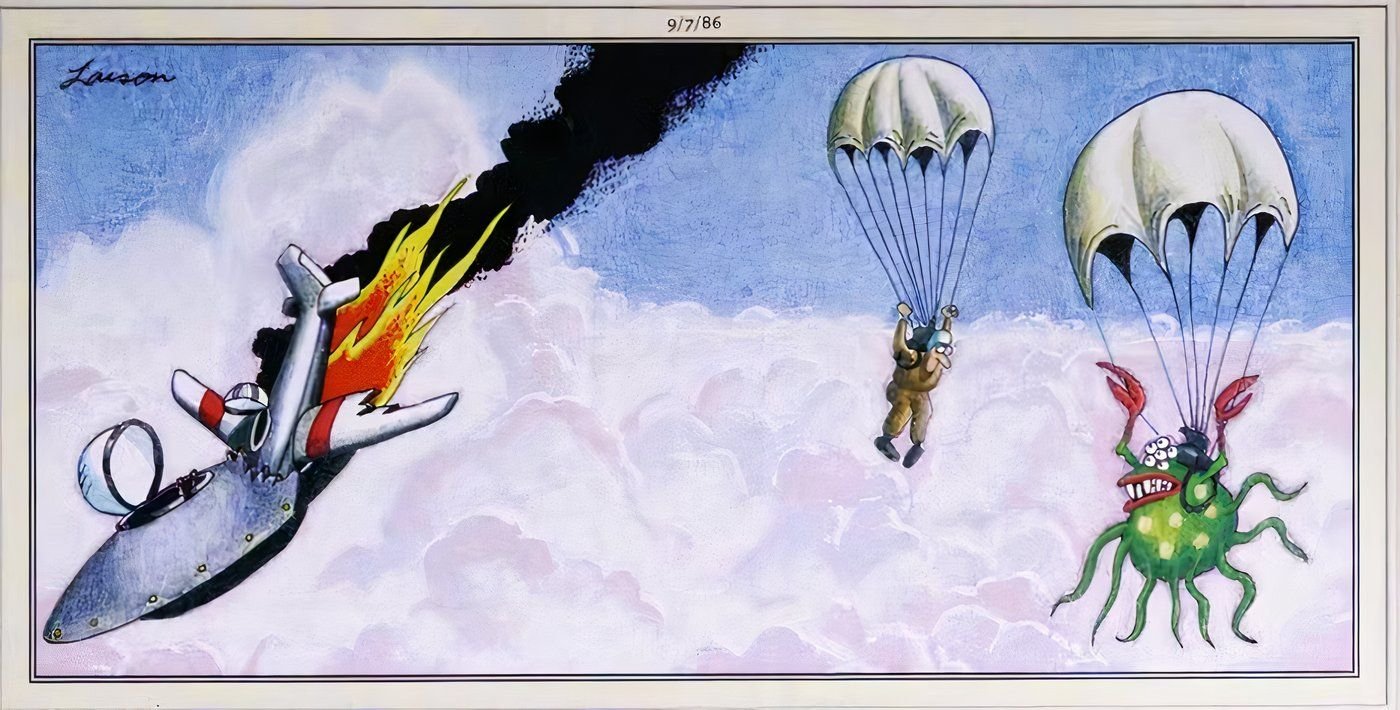 A human and an alien pilot falling to Earth after crashing in The Far Side.