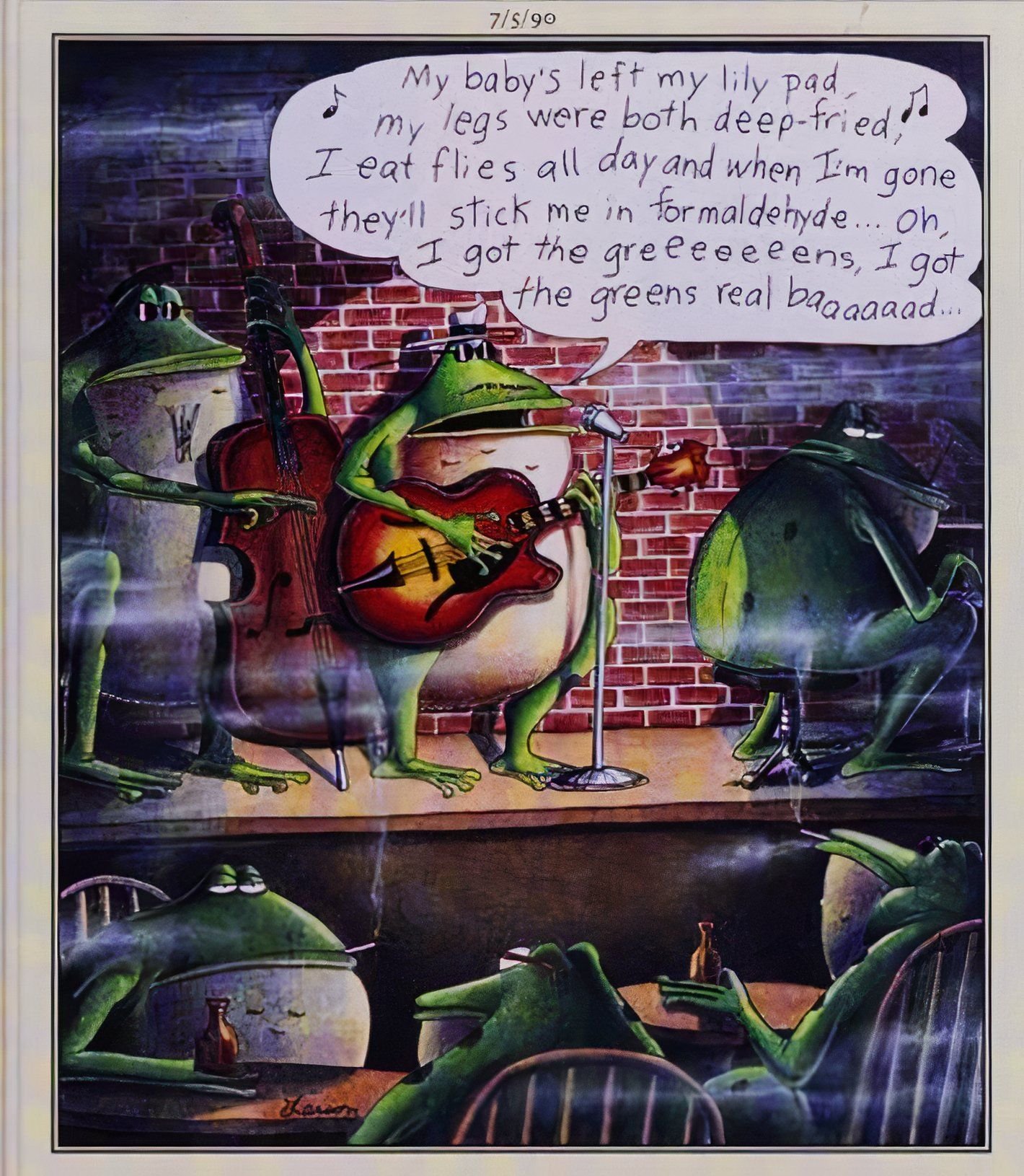 Far Side, July 5, 1990, a band of frogs plays 'the greens' in a smoke filled club