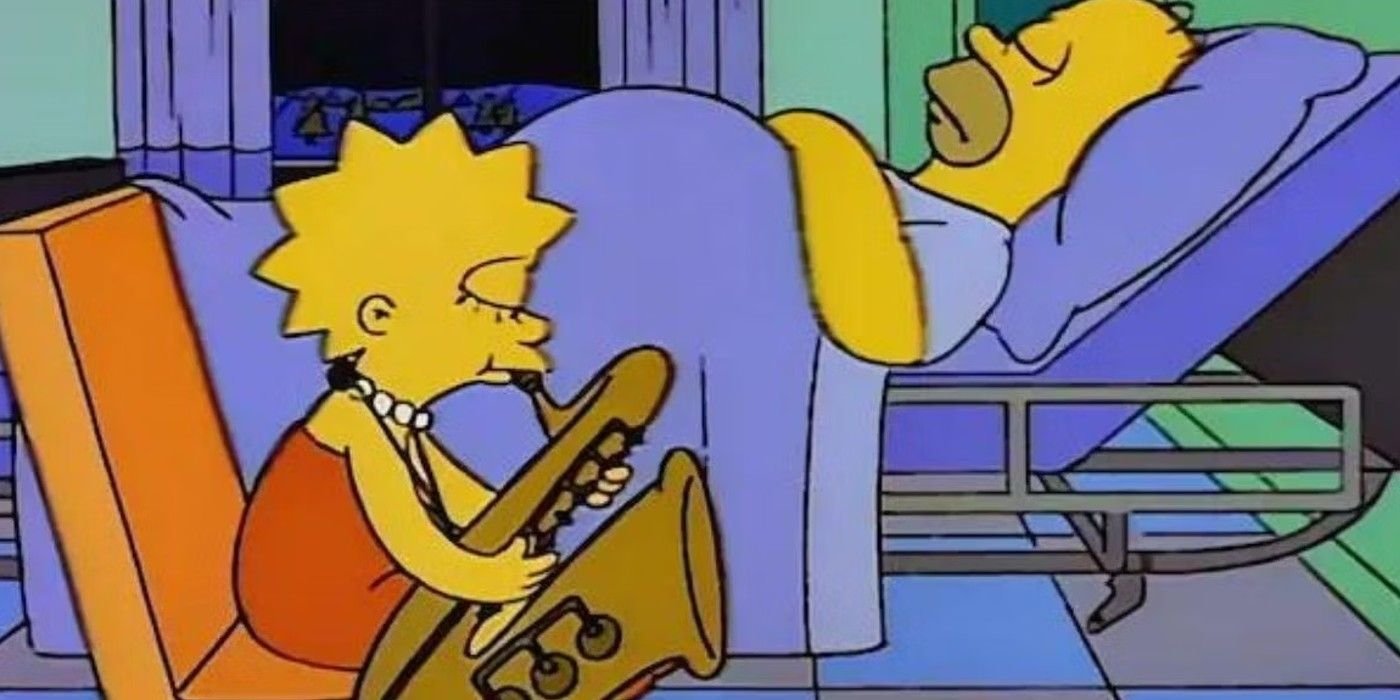Lisa plays the saxophone near Homer's bed at the hospital in The Simpsons