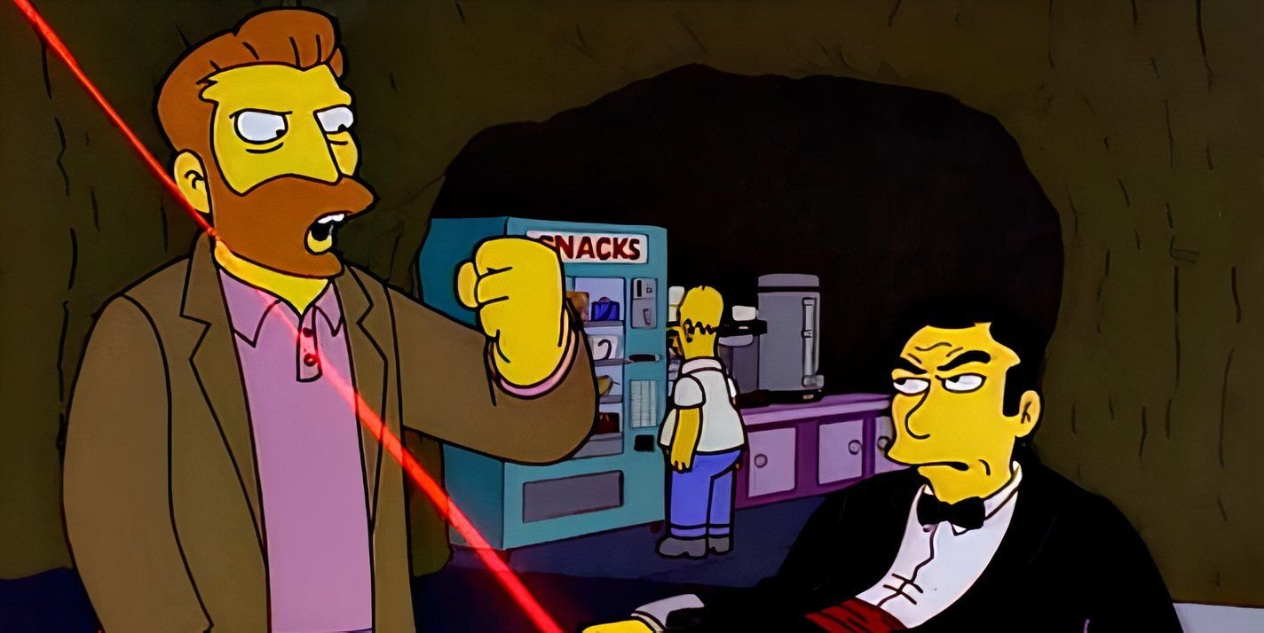 Hank Scorpio, Homer Simpson, and Mr. Bont in The Simpsons season 8, episode 2, "You Only Move Twice"