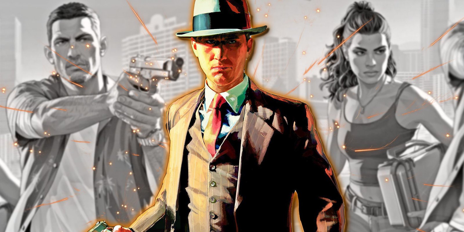 10 Open-World Games So Good They Should Jumpstart Their Own Series 3 L.A. Noire's Cole Phelps poses in front of GTA 6's Jason and Lucia.