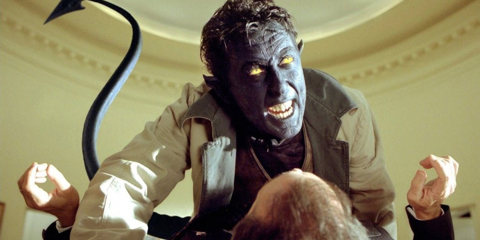 Alan Cumming as Kurt Wagner Nightcrawler threatening a man in X-Men 2 X2 opening scene