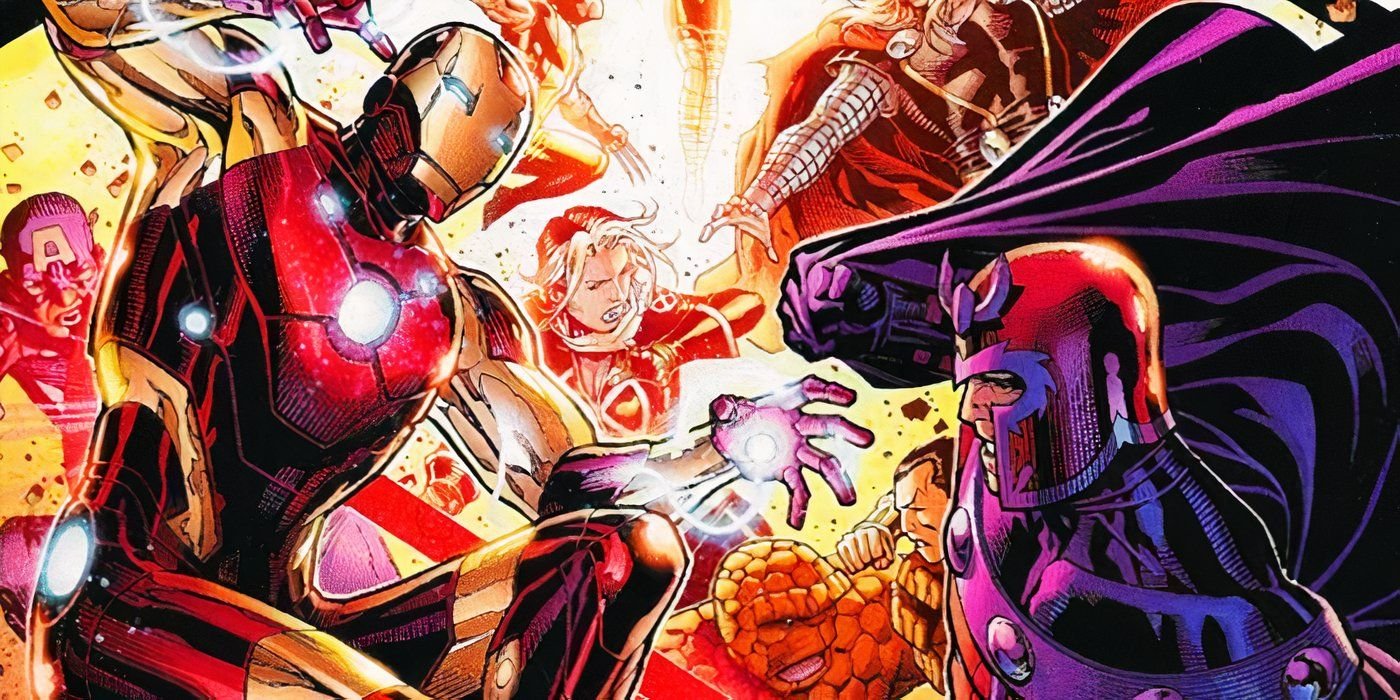 Comic book art: Iron Man fighting Magneto in Marvel Comics' Avengers vs. X-Men