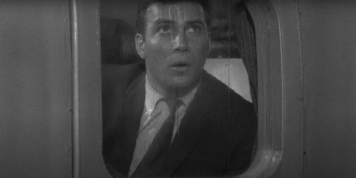 William Shatner looking out of an airplane window in The Twilight Zone episode Nightmare at 20,000 Feet