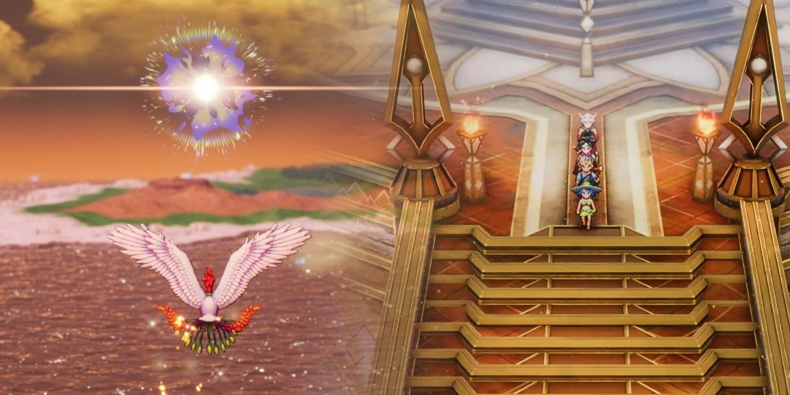 A collage of Ramia flying into the light and a party walking through the Temple of Trials in Dragon Quest 3.